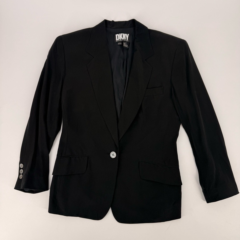 DKNY Women Size 2 100% Silk Tailored Blazer Black Single Button Career Jacket